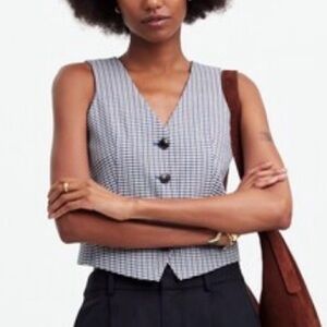 MADEWELL NAVY TAUPE PLAID BUTTON FRONT SLEEVELESS VEST WOMENS SZ 0 NWT